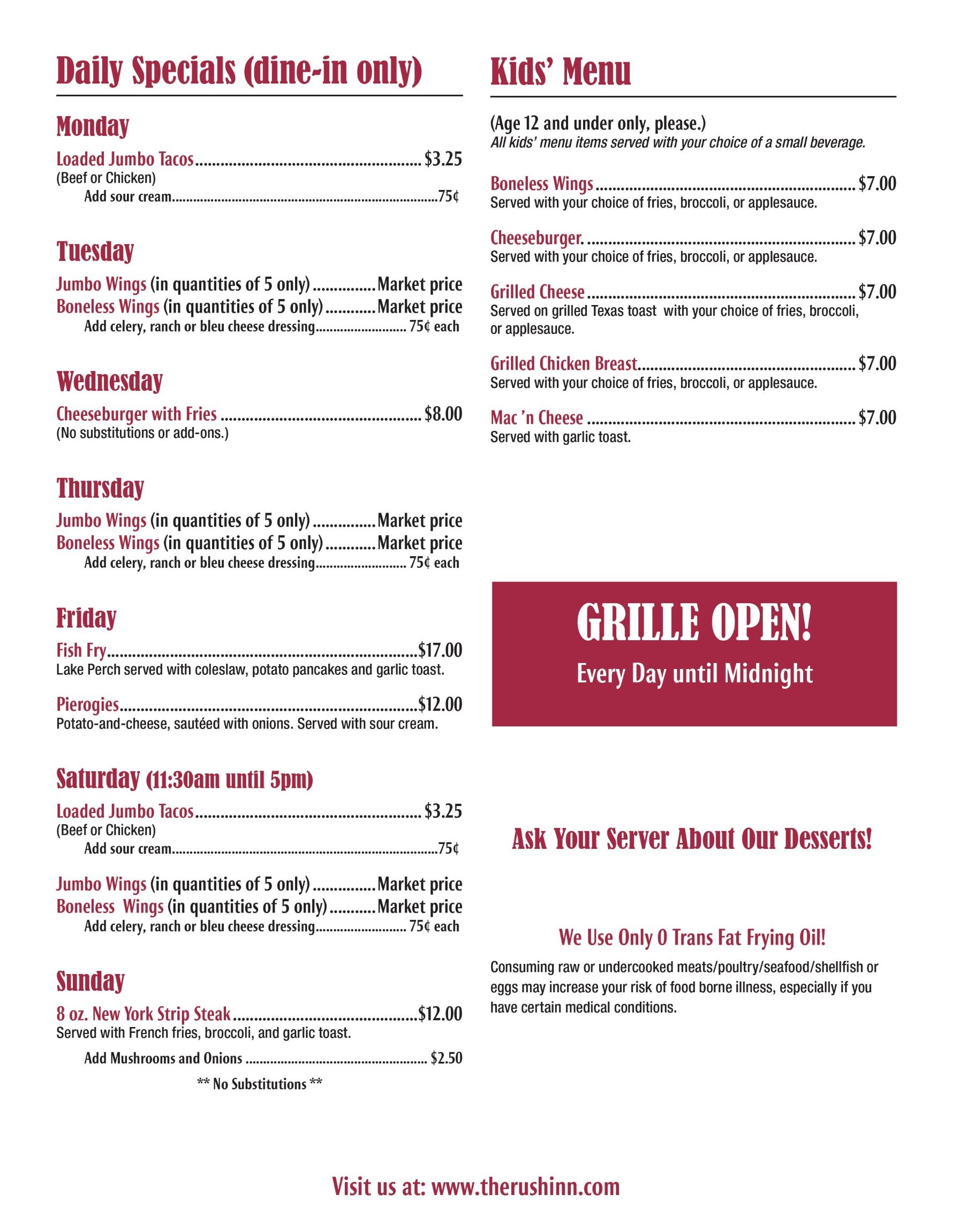 Lakewood Menu Rush Inn